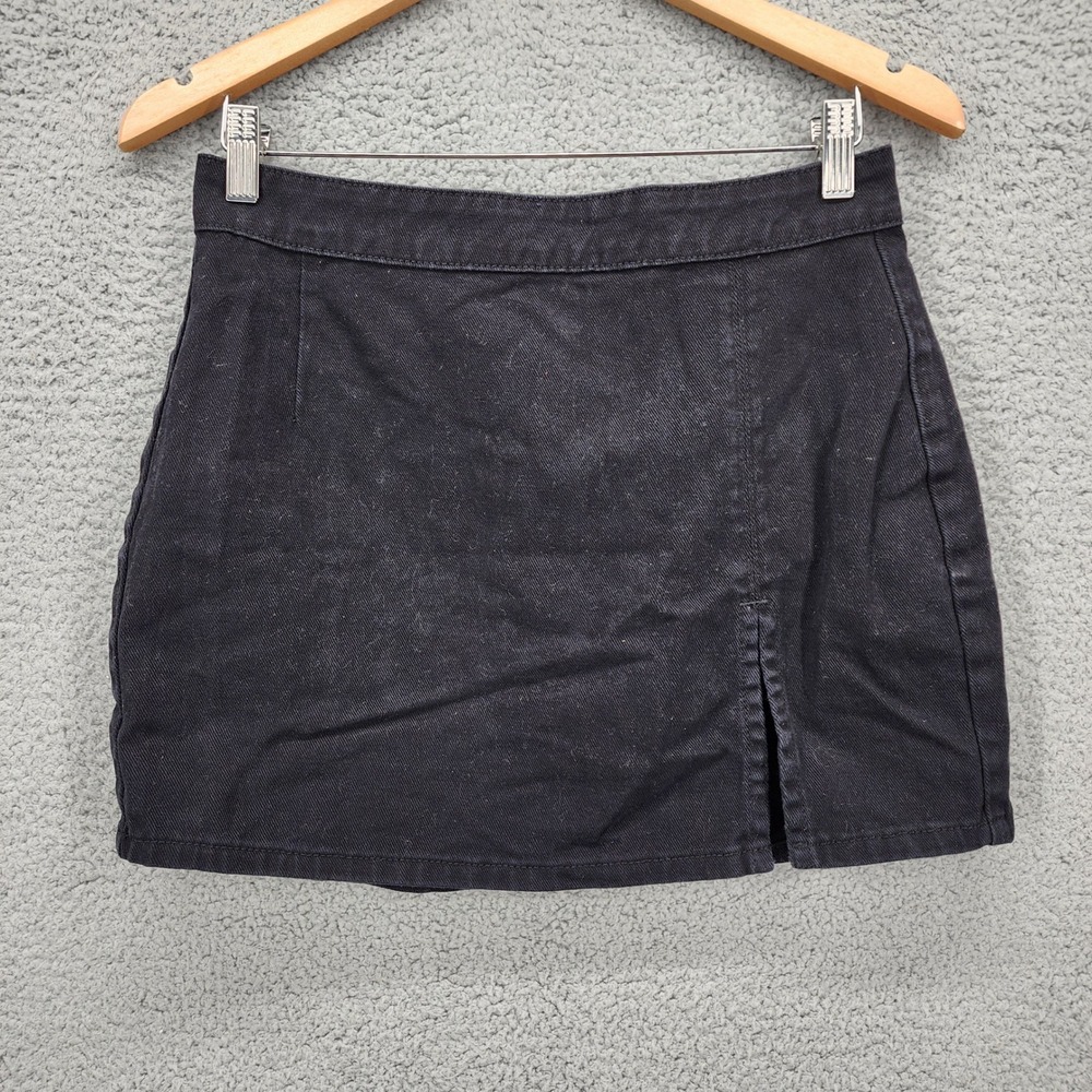 Lioness Black Denim Mini Skirt High Waisted Side Slit Size Medium Australian